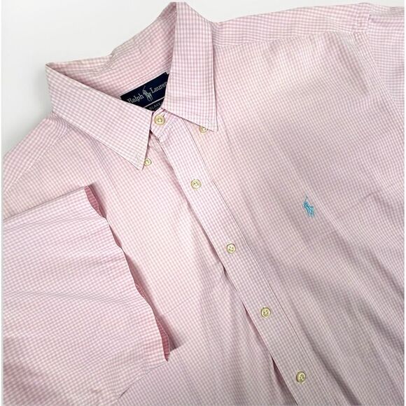 Ralph‎ Lauren Blake Button Down Shirt Pink Gingham Mens XL Short Blue Pony EC - Picture 1 of 7